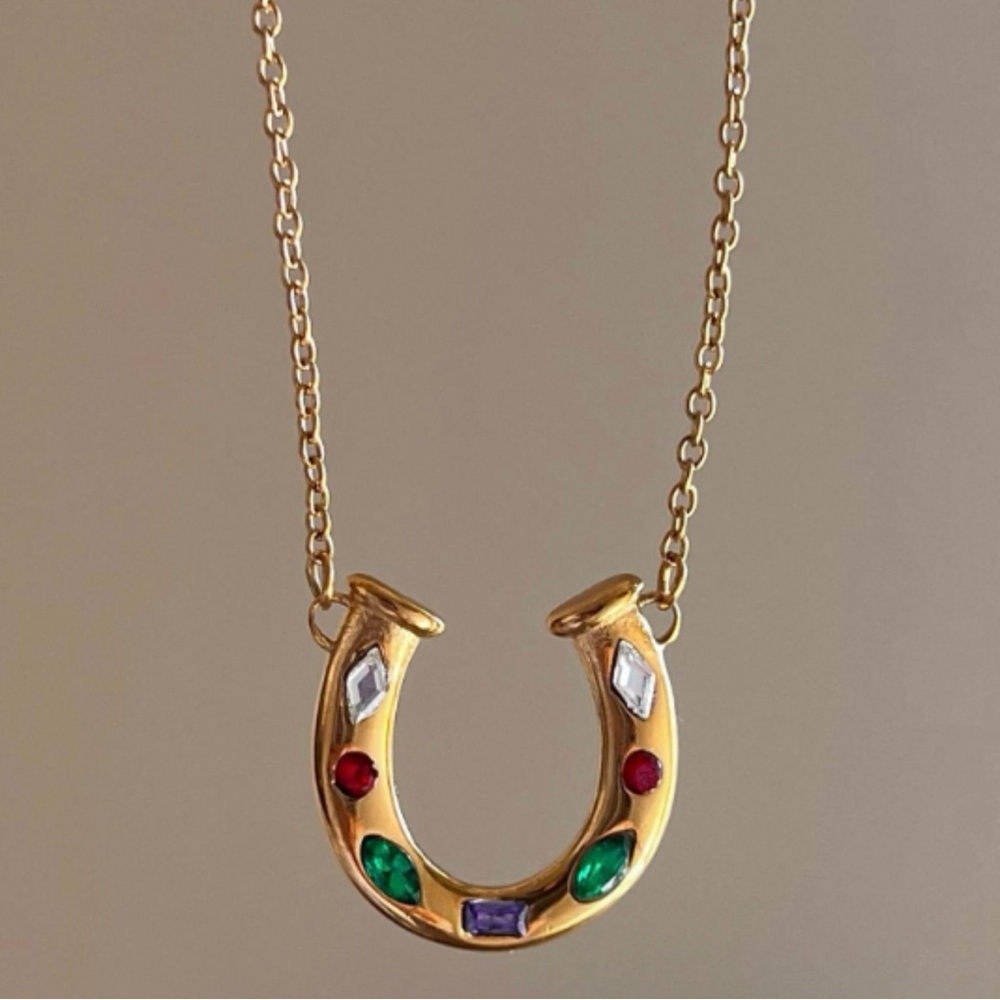 Gold Horseshoe Pendant Necklace with Multicolor Gemstones - Lucky Necklace